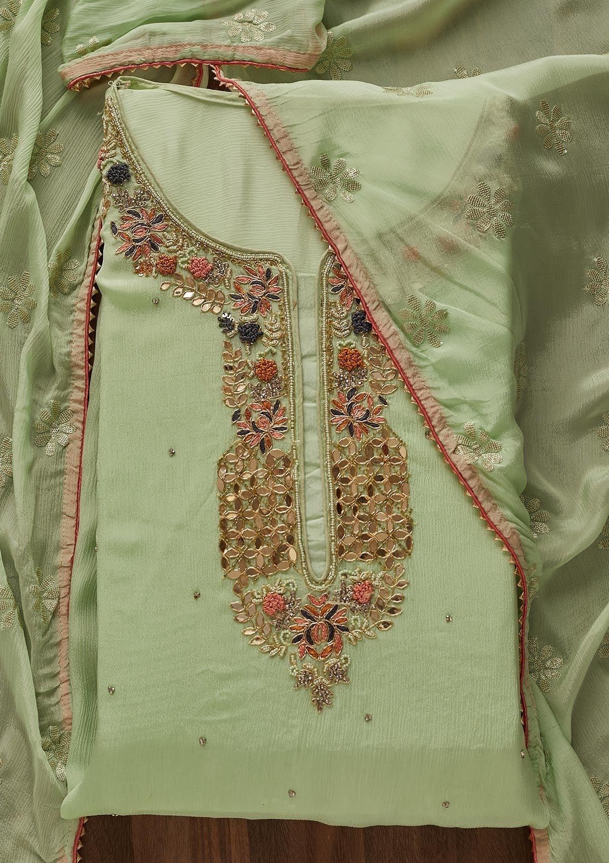 Pista Green Zardosi Georgette Designer Semi-Stitched Salwar Suit - Koskii