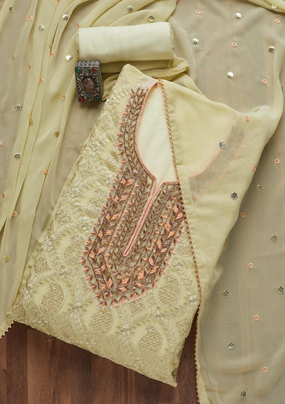 Pista Green Zardosi Georgette Unstitched Salwar Suit- Koskii
