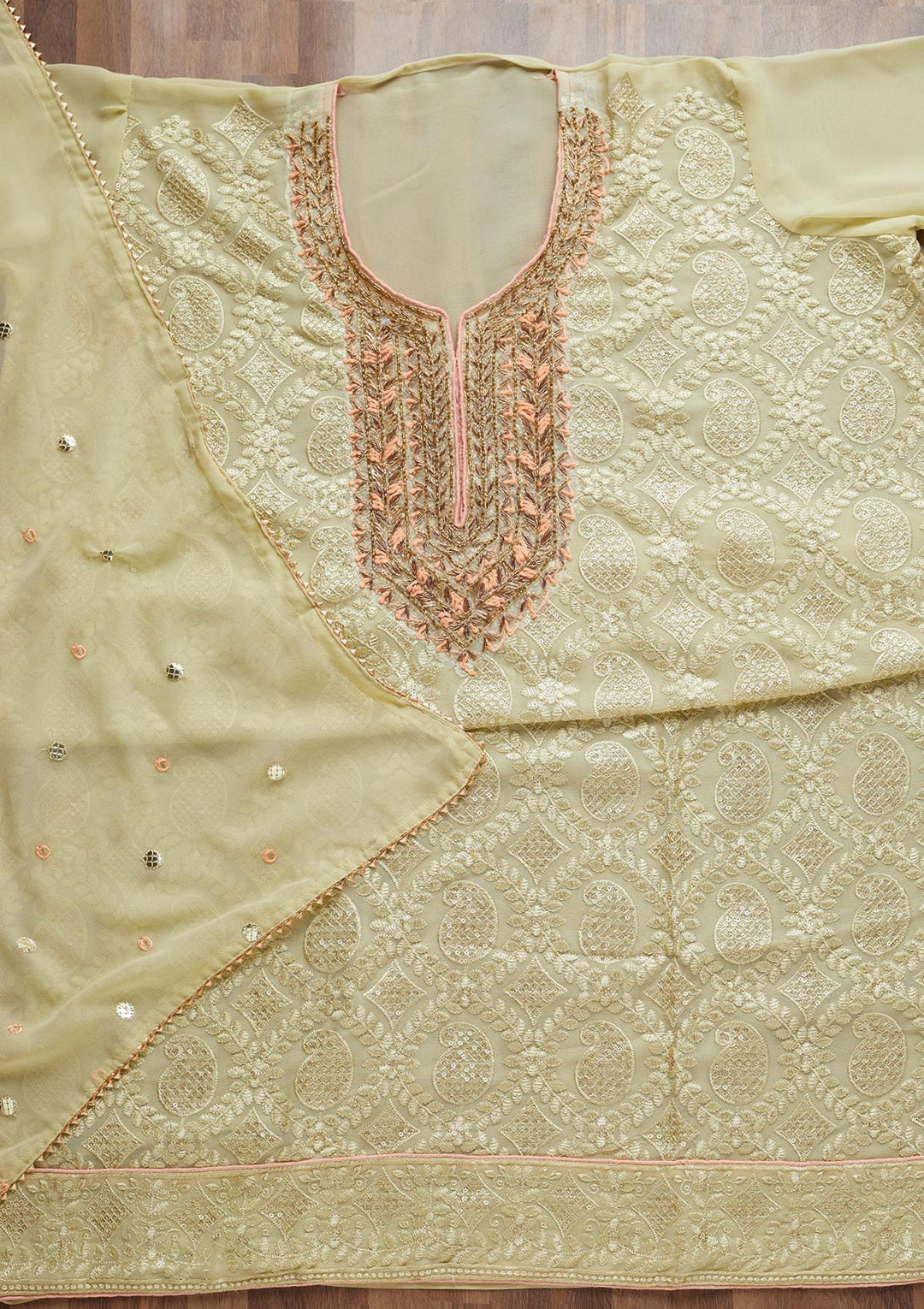 Pista Green Zardosi Georgette Unstitched Salwar Suit - Koskii