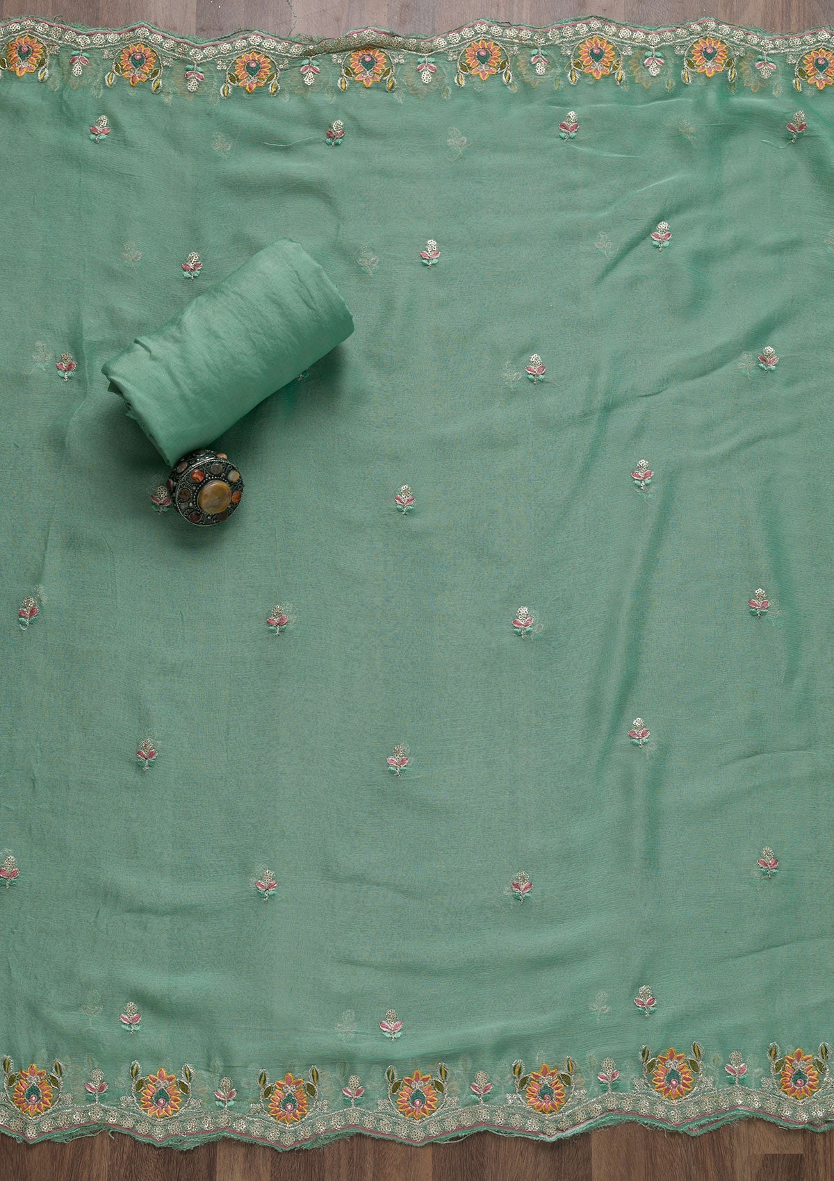 Pista Green Zariwork Art Silk Unstitched Salwar Suit-Koskii