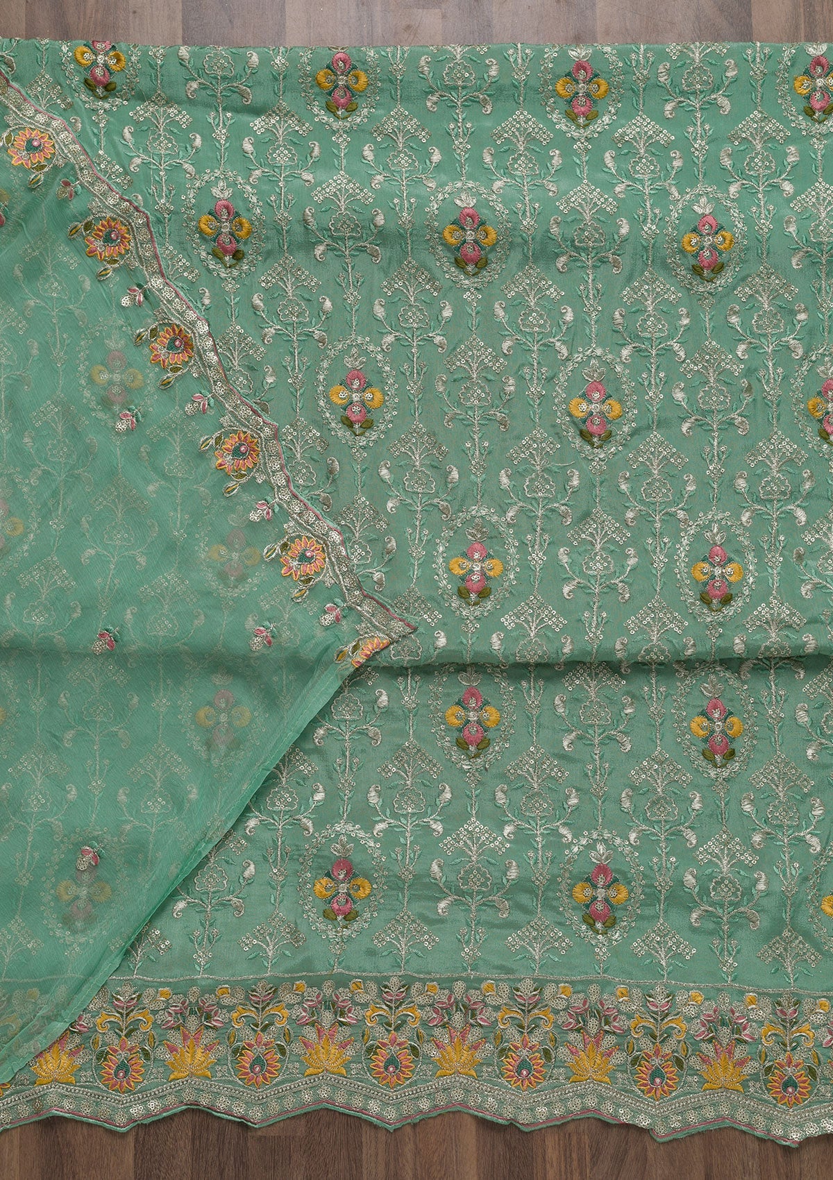 Pista Green Zariwork Art Silk Unstitched Salwar Suit-Koskii