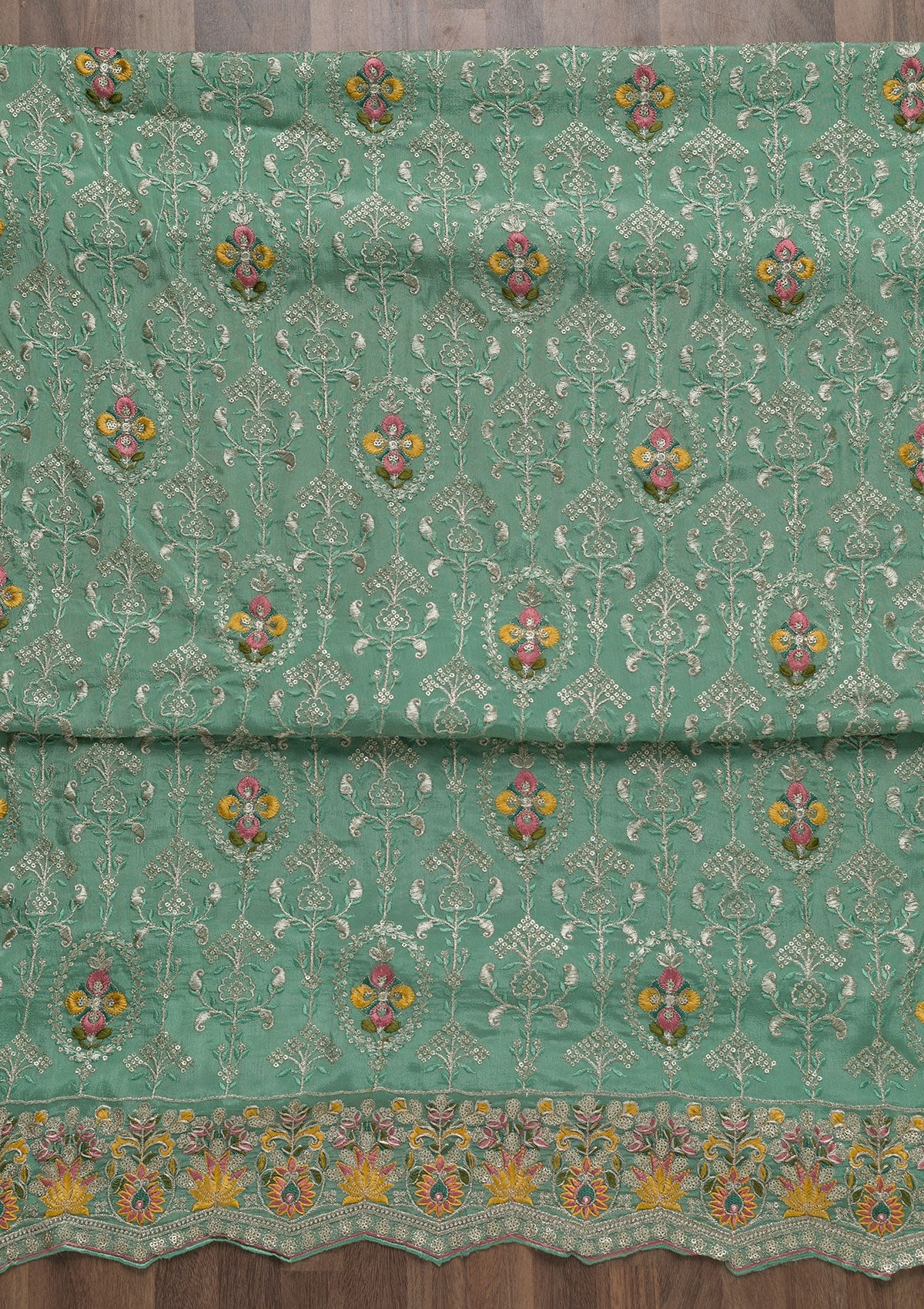 Pista Green Zariwork Art Silk Unstitched Salwar Suit-Koskii