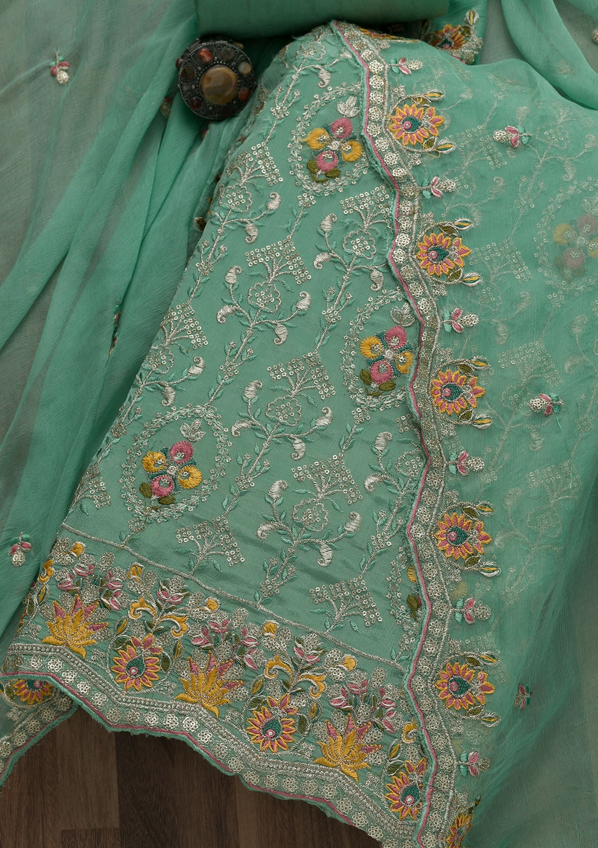 Pista Green Zariwork Art Silk Unstitched Salwar Suit-Koskii