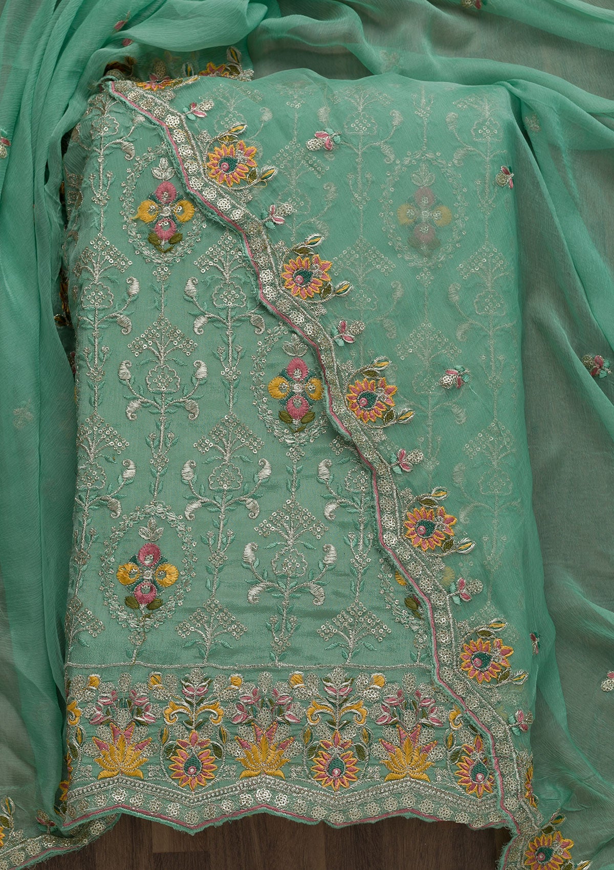 Pista Green Zariwork Art Silk Unstitched Salwar Suit-Koskii