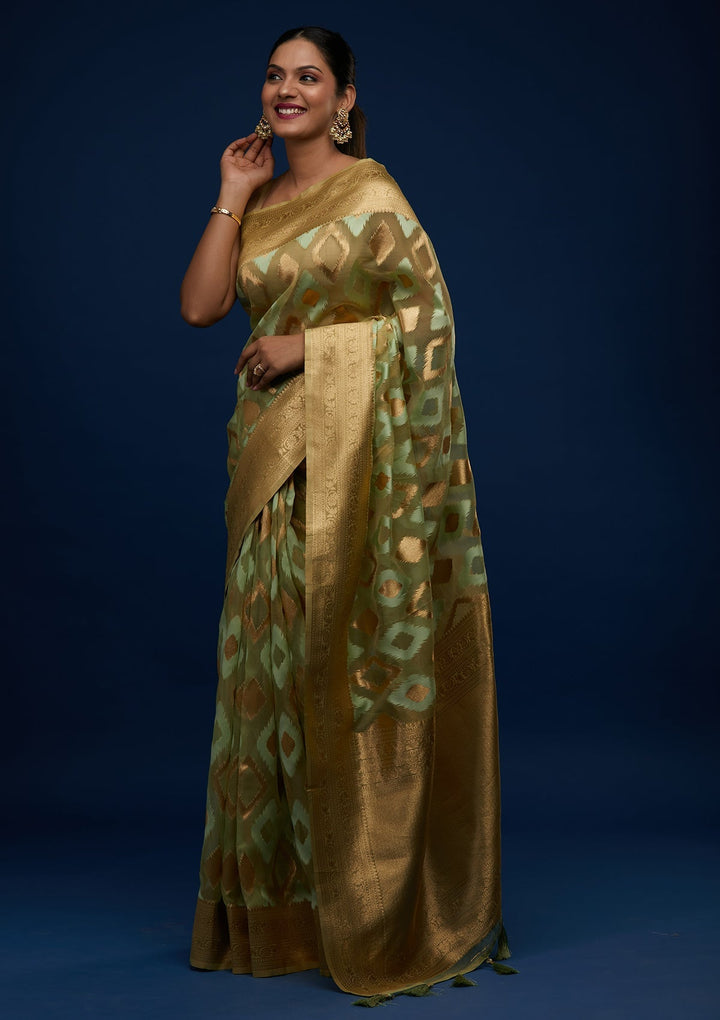 Pista Green Zariwork Art Silk Designer Saree - Koskii