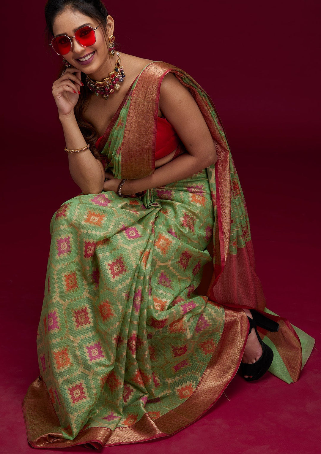 Pista Green Zariwork Art Silk Saree- Koskii