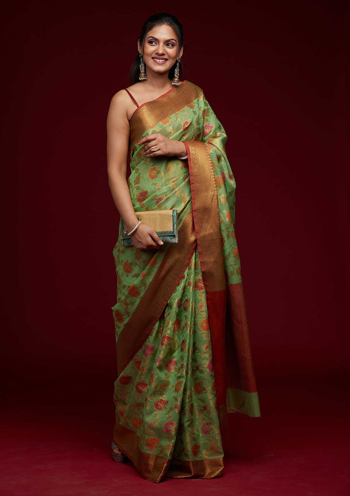 Pista Green Zariwork Art Silk Saree-Koskii