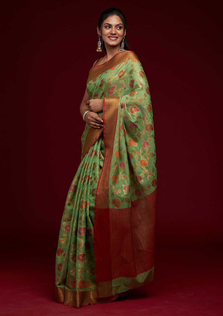 Pista Green Zariwork Art Silk Saree-Koskii