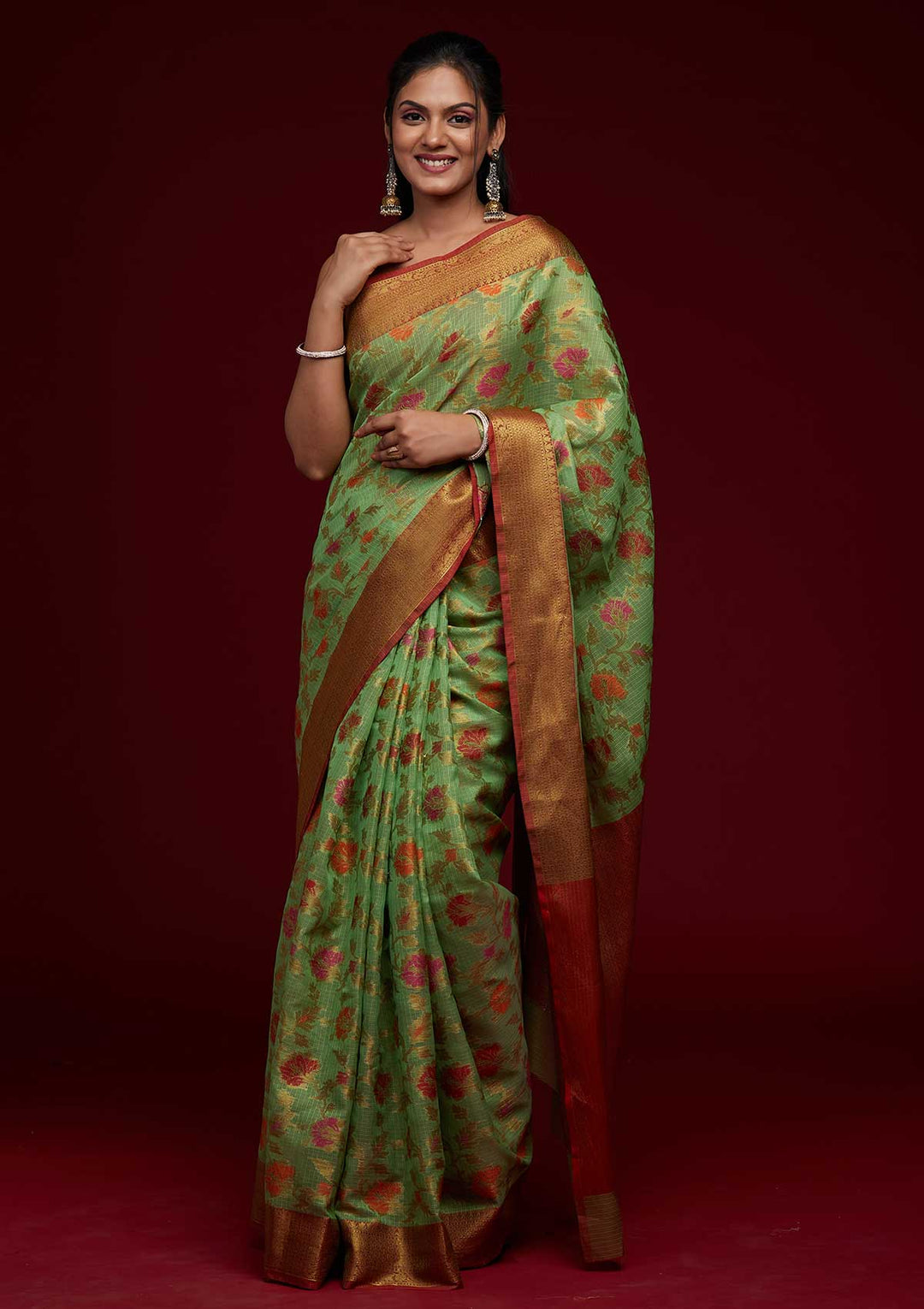 Pista Green Zariwork Art Silk Saree-Koskii