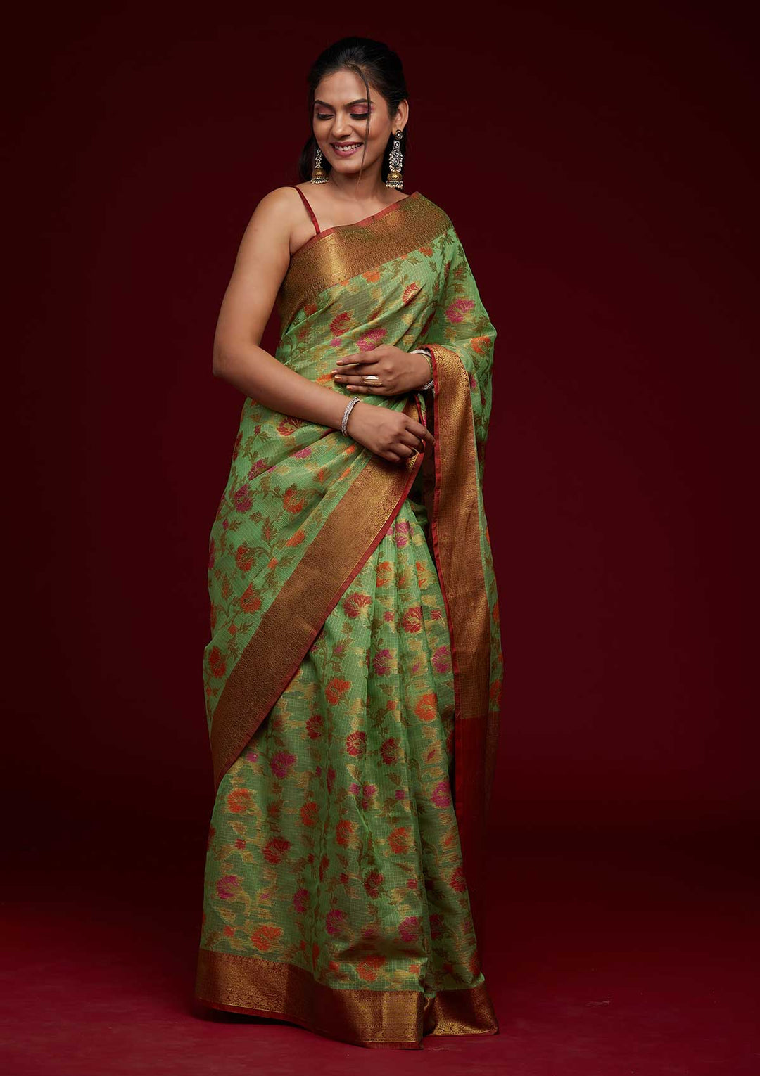 Pista Green Zariwork Art Silk Saree-Koskii