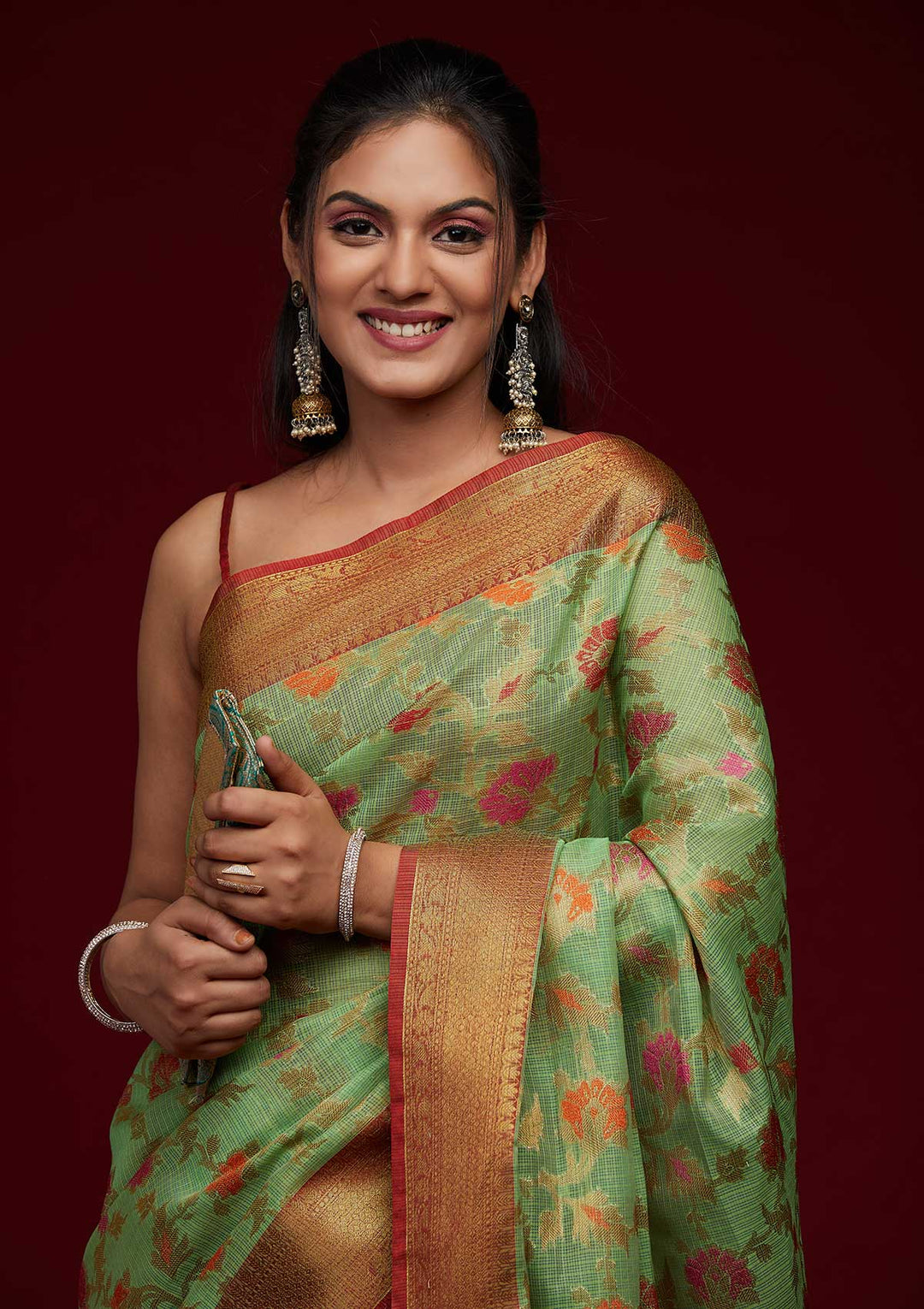 Pista Green Zariwork Art Silk Saree-Koskii