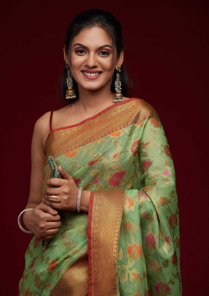 Pista Green Zariwork Art Silk Saree-Koskii