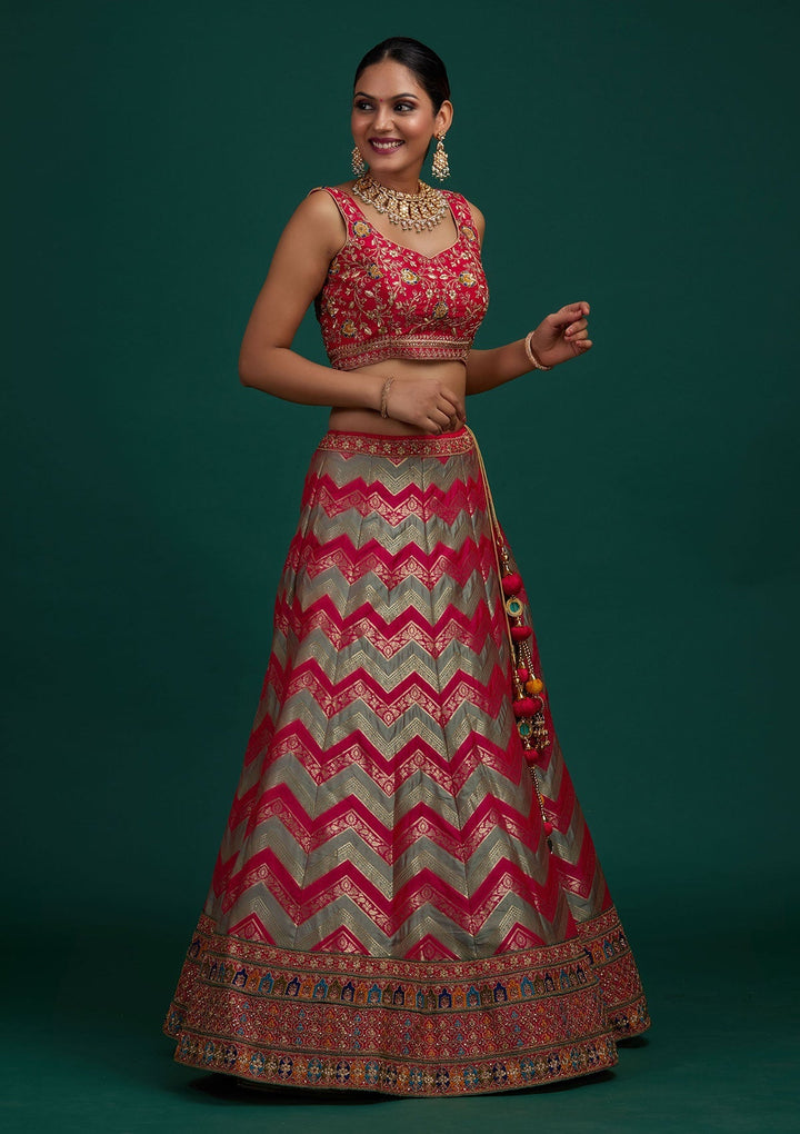 Pista Green Zariwork Banarasi Designer Semi-Stitched Lehenga - Koskii