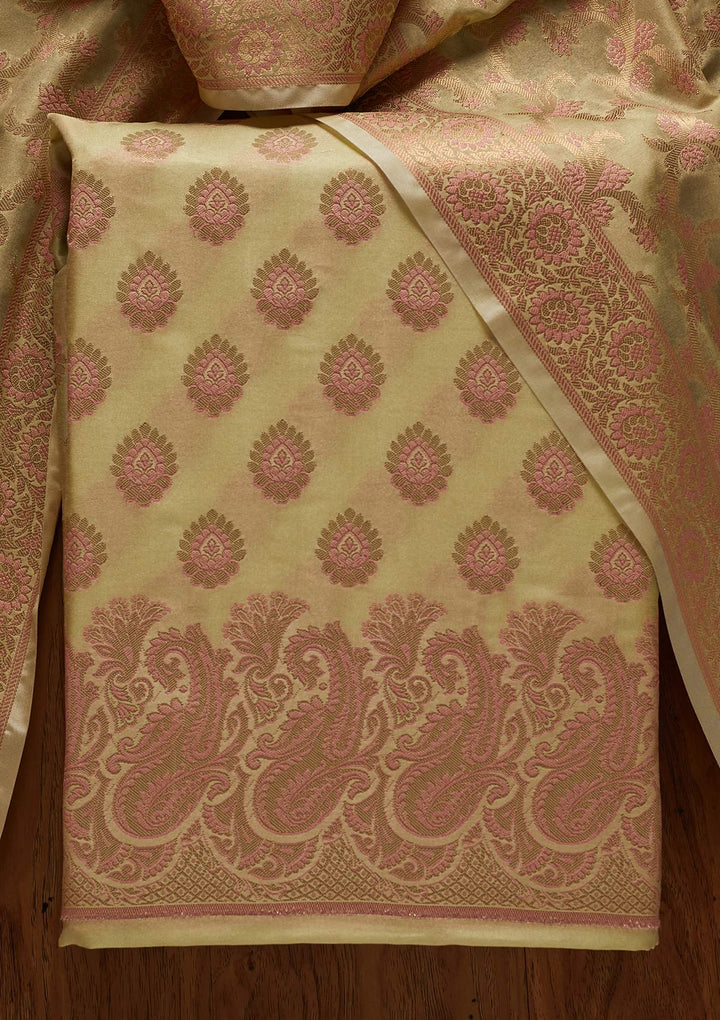 Pista Green Zariwork Banarasi Designer Unstitched Salwar Suit - koskii