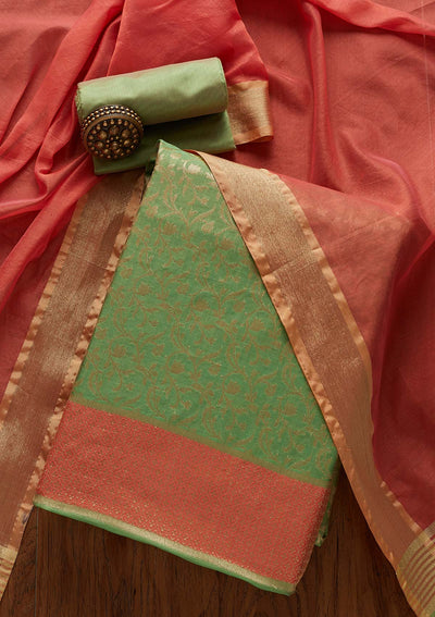 Pista Green Zariwork Brocade Designer Unstitched Salwar Suit - Koskii
