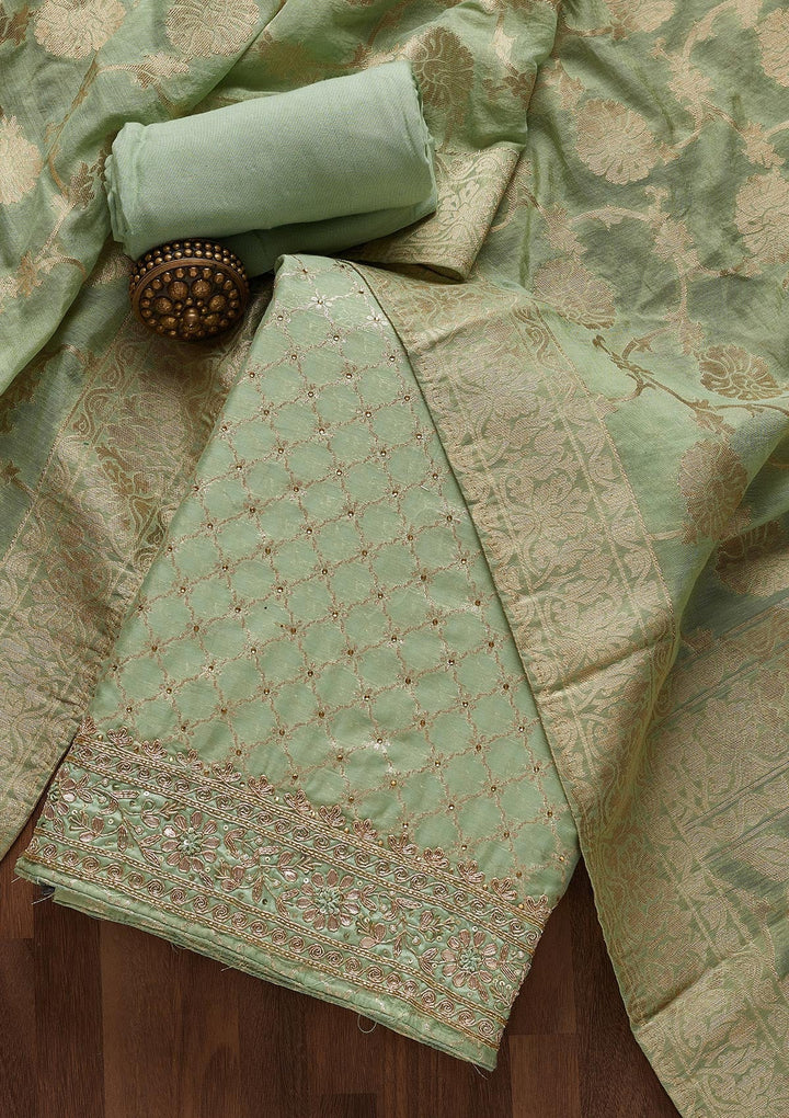 Pista Green Zariwork Brocade Unstitched Salwar Suit- Koskii