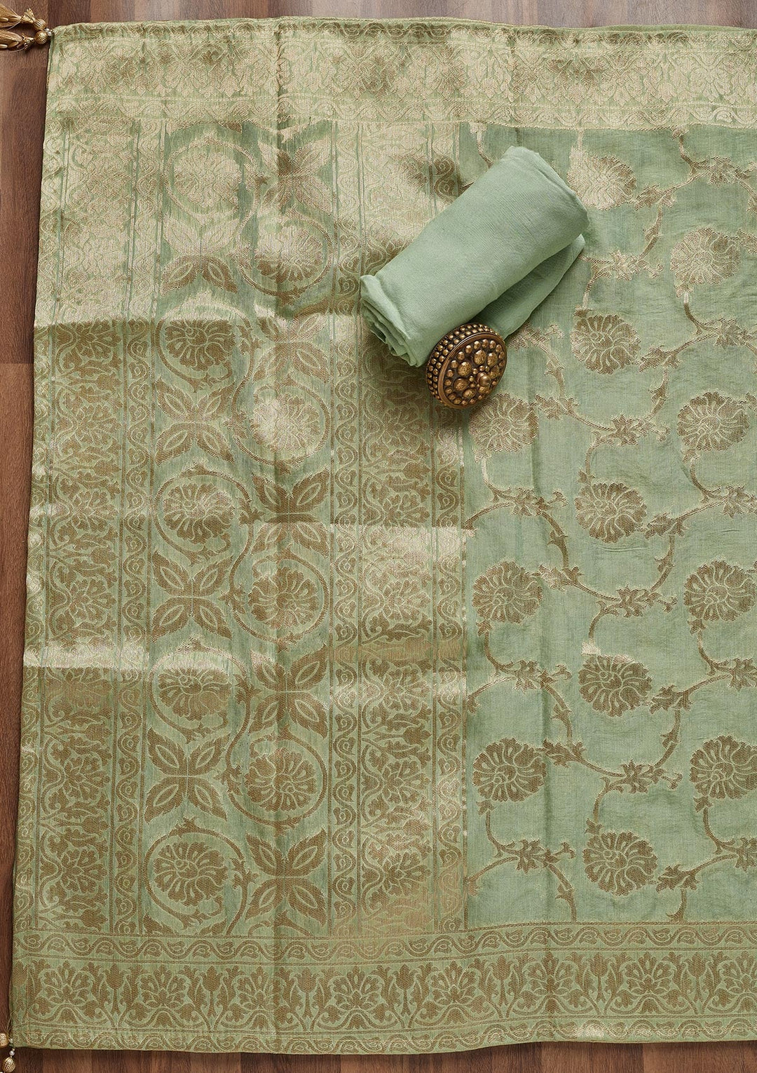 Pista Green Zariwork Brocade Unstitched Salwar Suit - Koskii