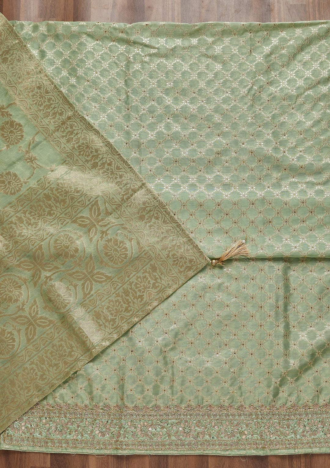 Pista Green Zariwork Brocade Unstitched Salwar Suit - Koskii