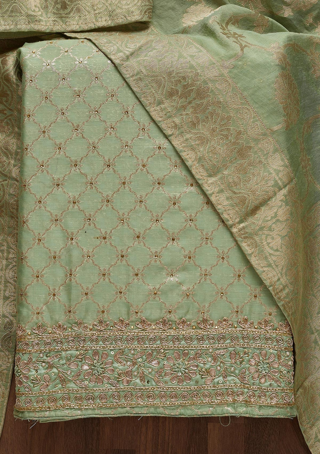 Pista Green Zariwork Brocade Unstitched Salwar Suit - Koskii