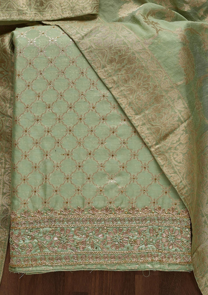 Pista Green Zariwork Brocade Unstitched Salwar Suit - Koskii
