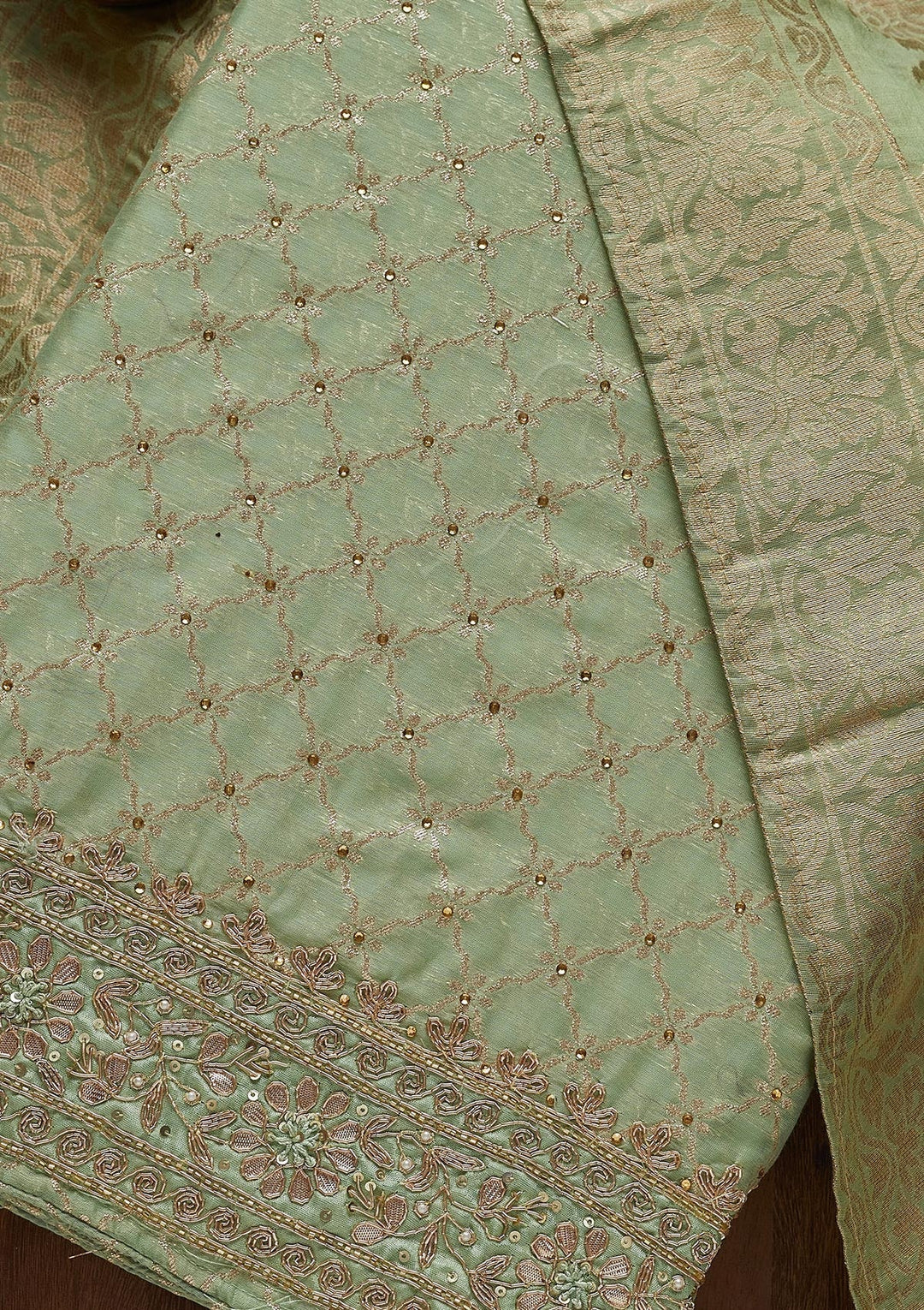 Pista Green Zariwork Brocade Unstitched Salwar Suit - Koskii