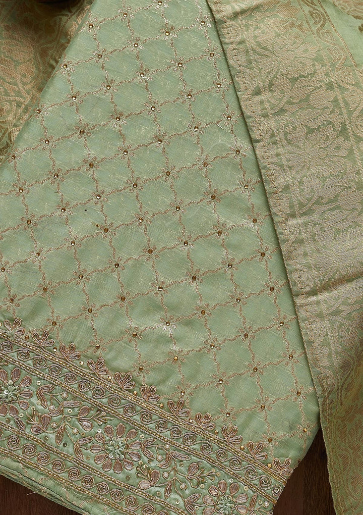 Pista Green Zariwork Brocade Unstitched Salwar Suit - Koskii