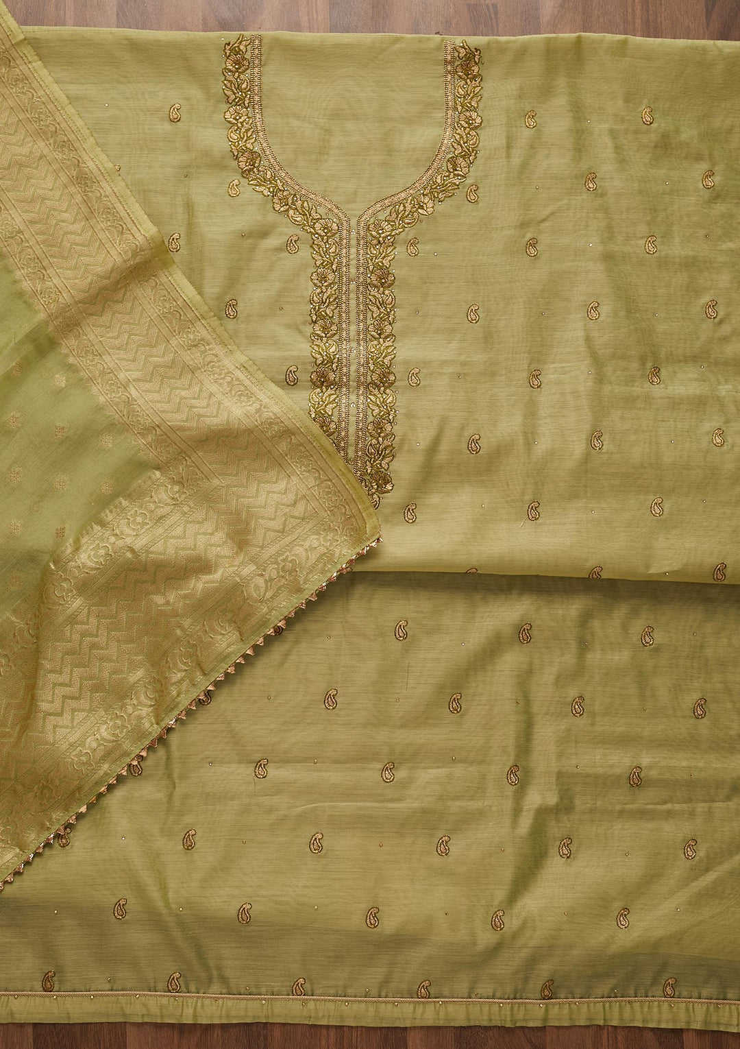 Pista Green Zariwork Chanderi Designer Unstitched Salwar Suit - Koskii