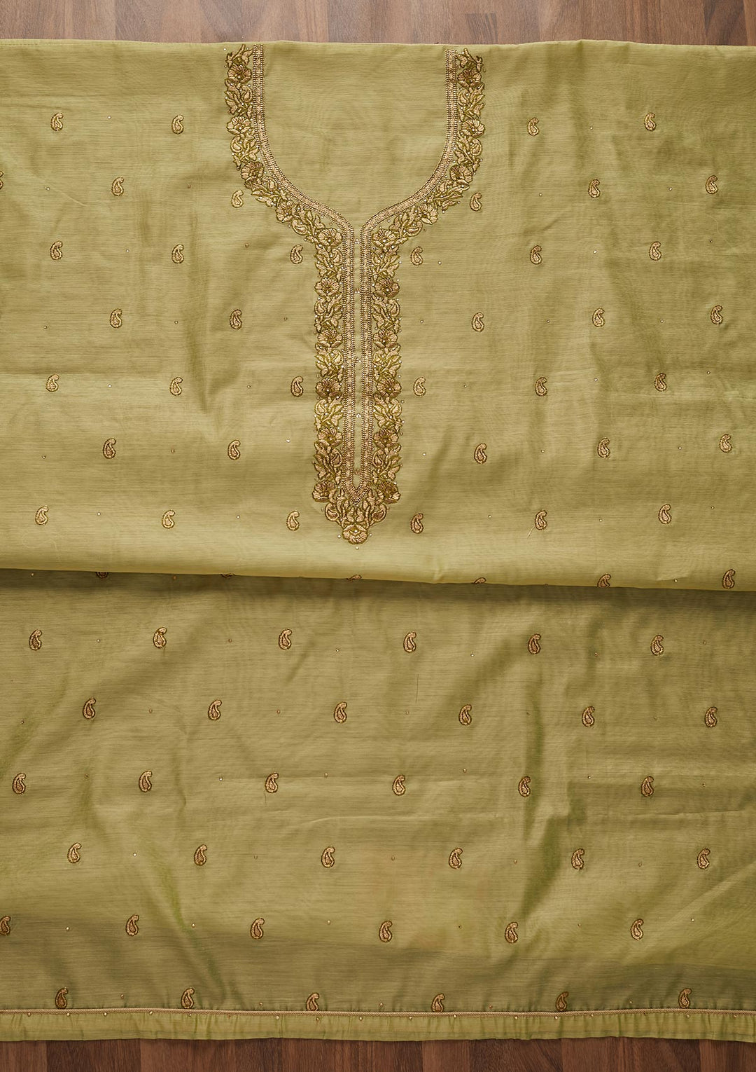 Pista Green Zariwork Chanderi Designer Unstitched Salwar Suit - Koskii