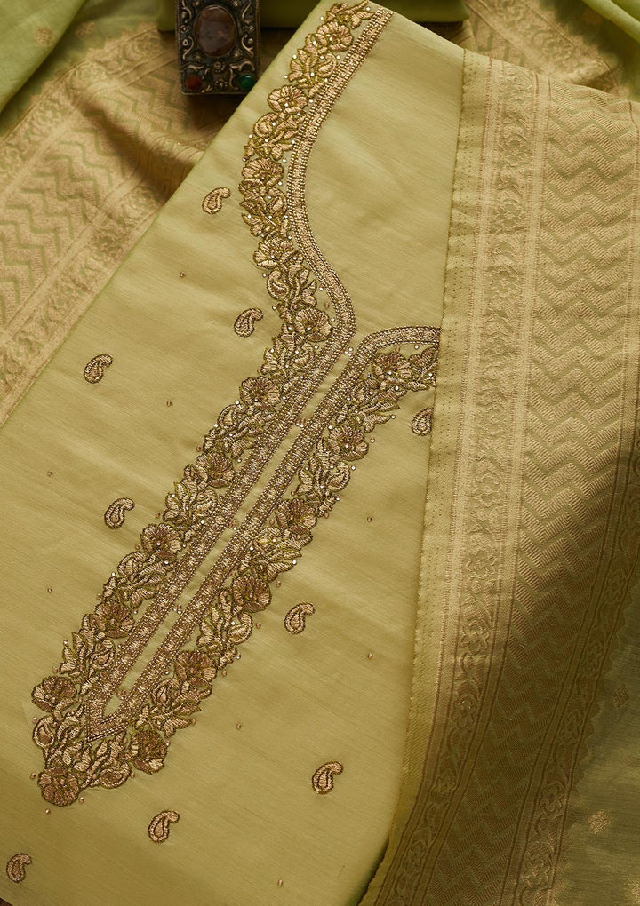 Pista Green Zariwork Chanderi Designer Unstitched Salwar Suit - Koskii
