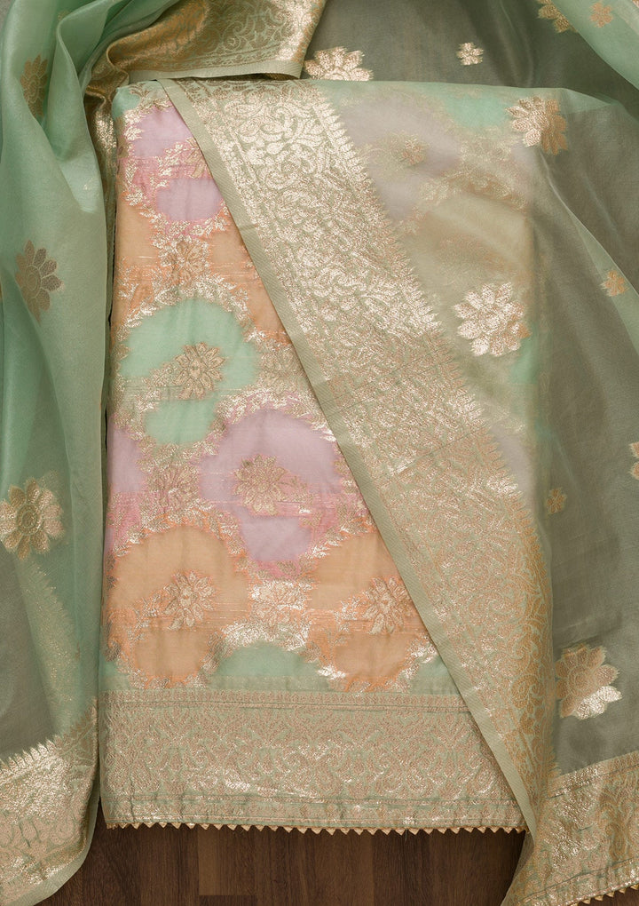 Pista Green Zariwork Chanderi Unstitched Salwar Suit-Koskii