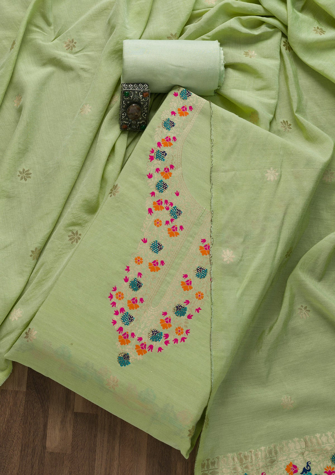 Pista Green Zariwork Cotton Unstitched Salwar Suit-Koskii