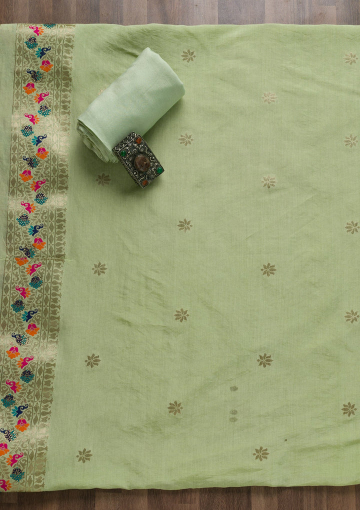 Pista Green Zariwork Cotton Unstitched Salwar Suit-Koskii