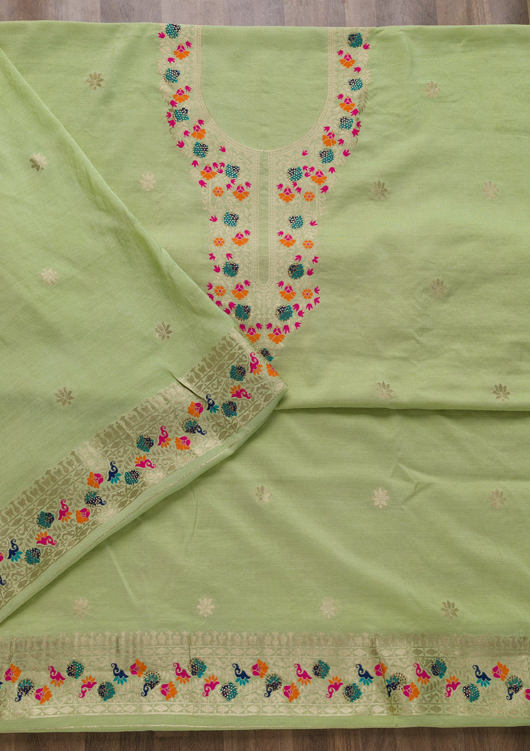 Pista Green Zariwork Cotton Unstitched Salwar Suit-Koskii