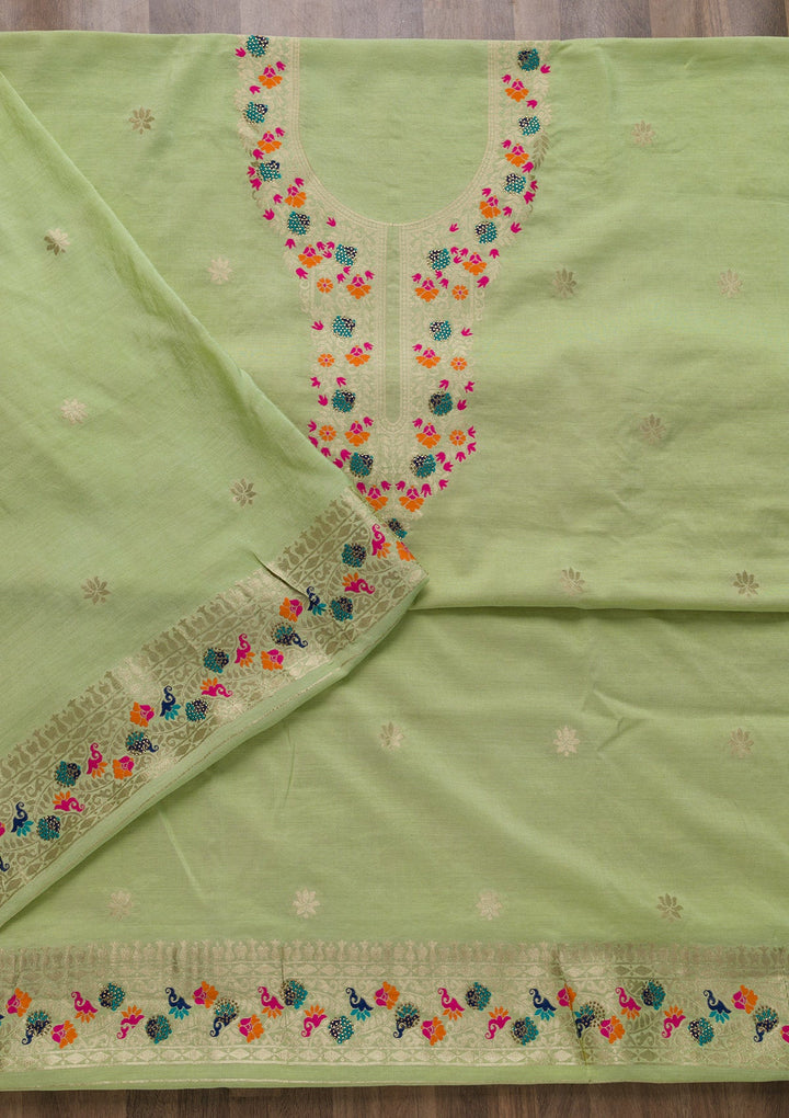 Pista Green Zariwork Cotton Unstitched Salwar Suit-Koskii