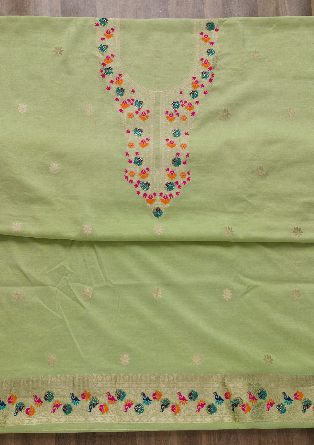 Pista Green Zariwork Cotton Unstitched Salwar Suit-Koskii