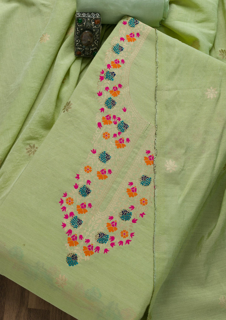 Pista Green Zariwork Cotton Unstitched Salwar Suit-Koskii