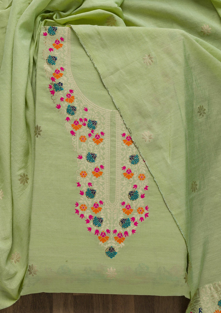 Pista Green Zariwork Cotton Unstitched Salwar Suit-Koskii