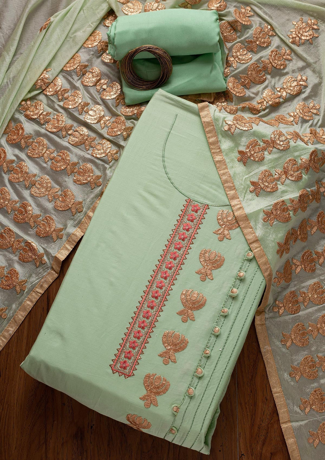 Pista Green Zariwork Cotton Designer Semi-Stitched Salwar Suit - koskii