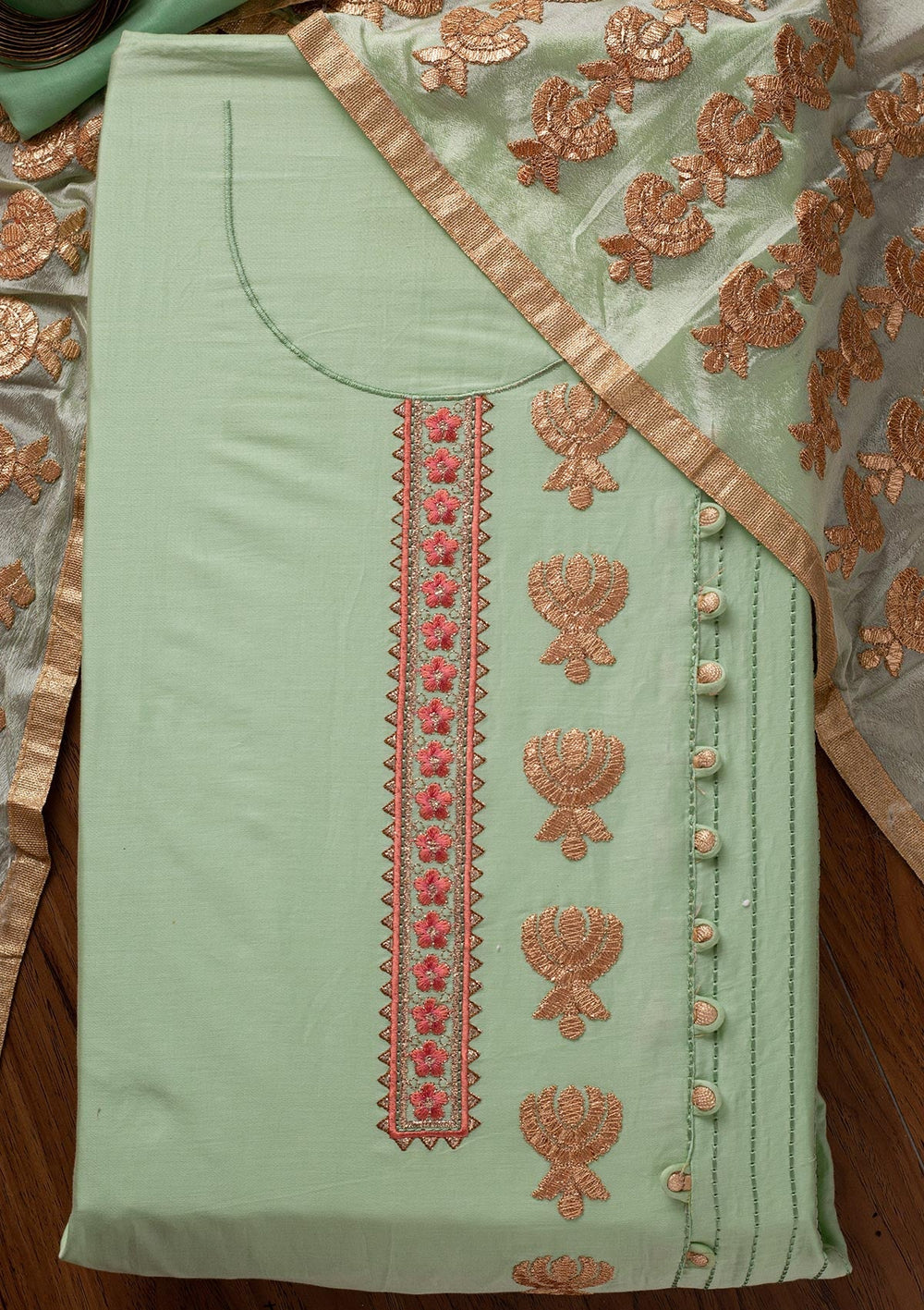 Pista Green Zariwork Cotton Designer Semi-Stitched Salwar Suit - koskii