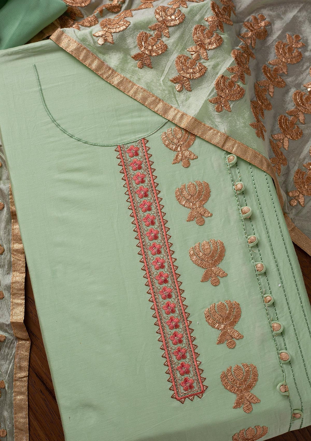 Pista Green Zariwork Cotton Designer Semi-Stitched Salwar Suit - koskii
