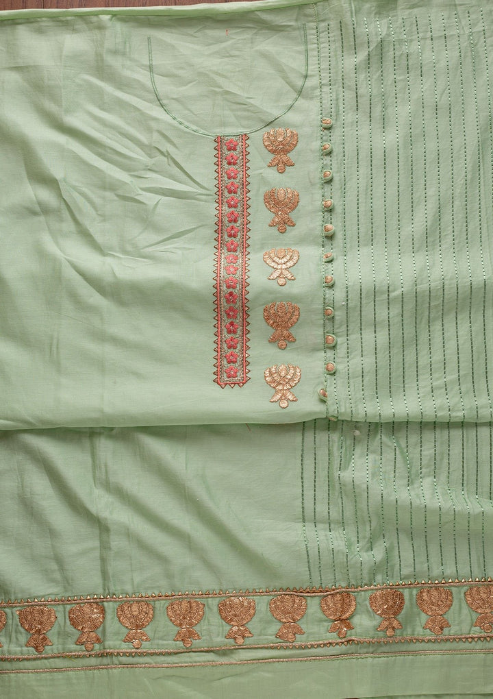 Pista Green Zariwork Cotton Designer Semi-Stitched Salwar Suit - koskii