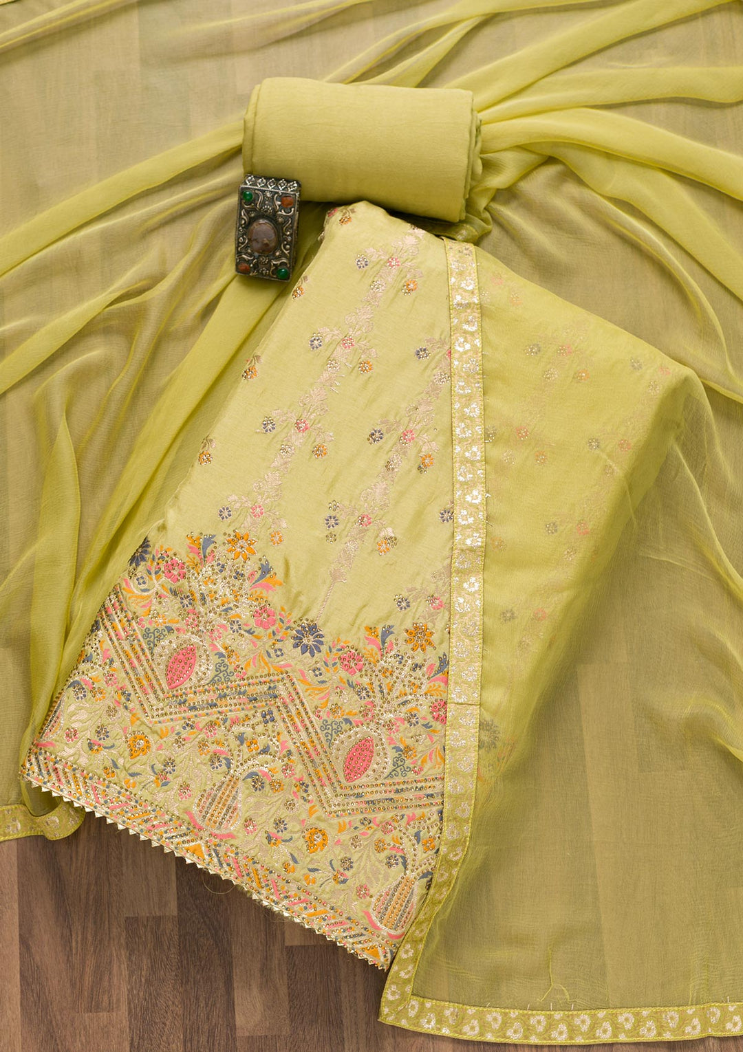 Pista Green Soft Silk Zariwork Unstitched Salwar Suit-koskii