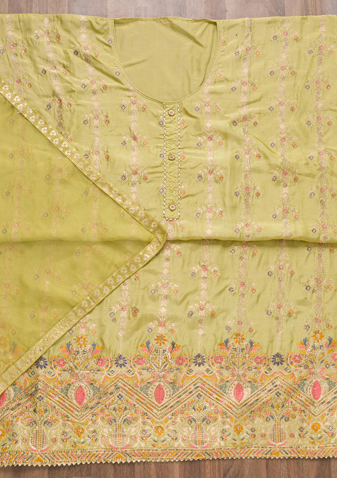 Pista Green Soft Silk Zariwork Unstitched Salwar Suit-koskii