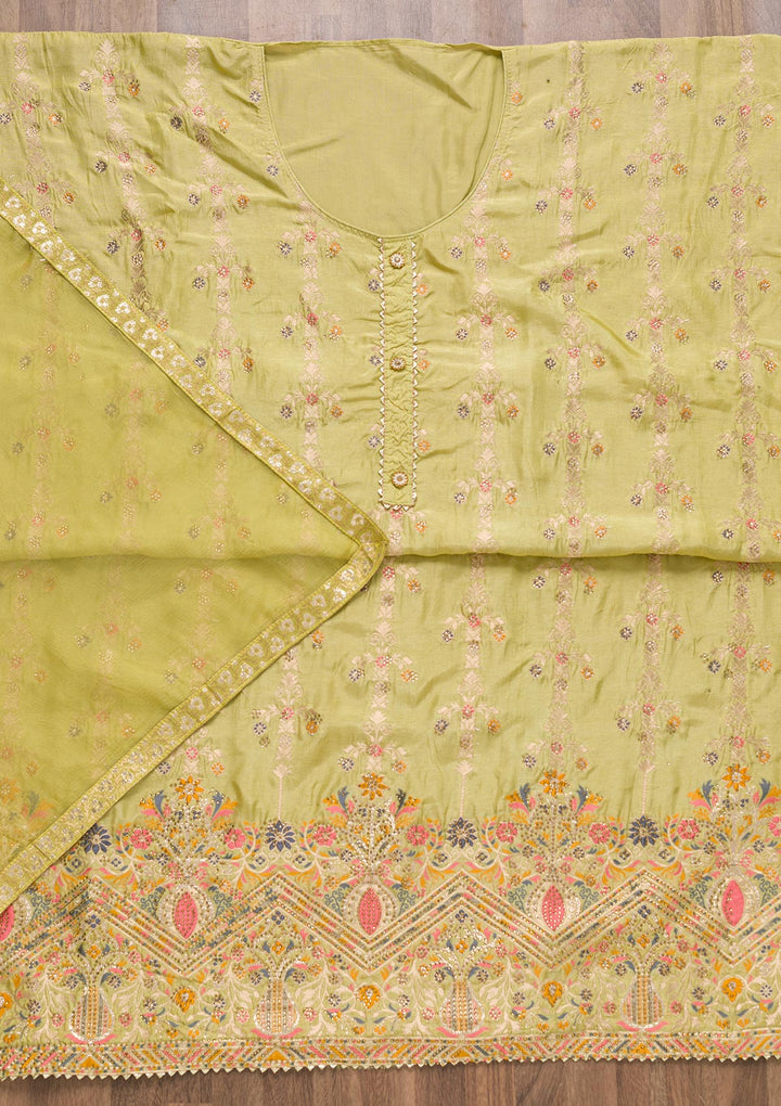 Pista Green Soft Silk Zariwork Unstitched Salwar Suit-koskii