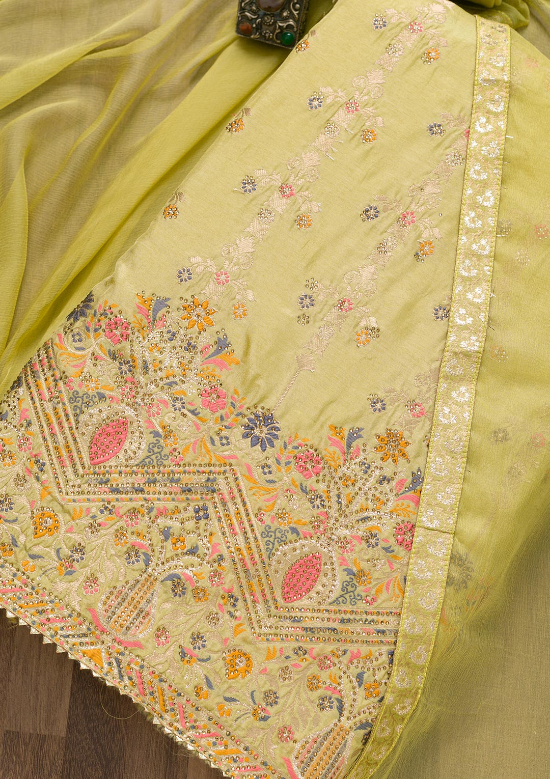 Pista Green Soft Silk Zariwork Unstitched Salwar Suit-koskii