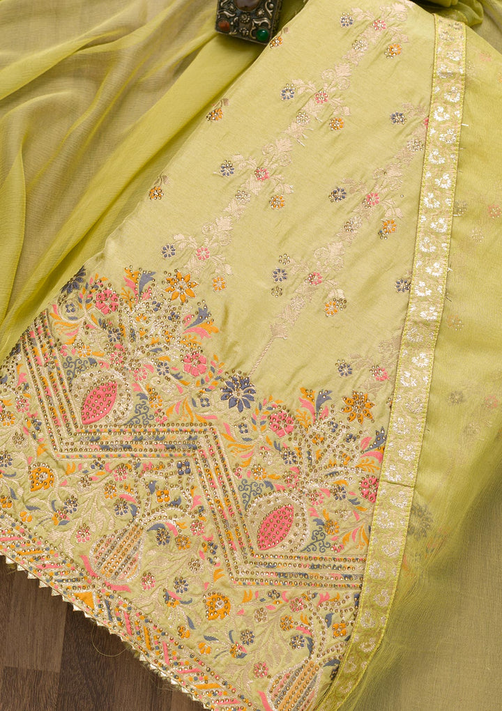 Pista Green Soft Silk Zariwork Unstitched Salwar Suit-koskii