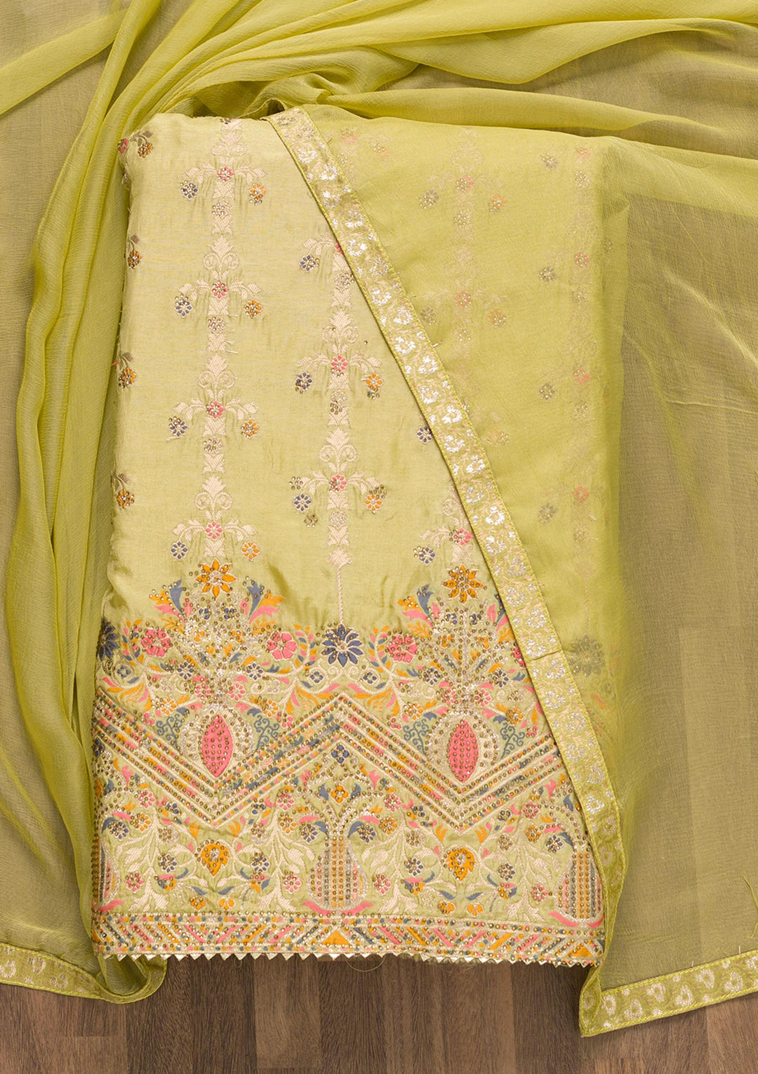 Pista Green Soft Silk Zariwork Unstitched Salwar Suit-koskii