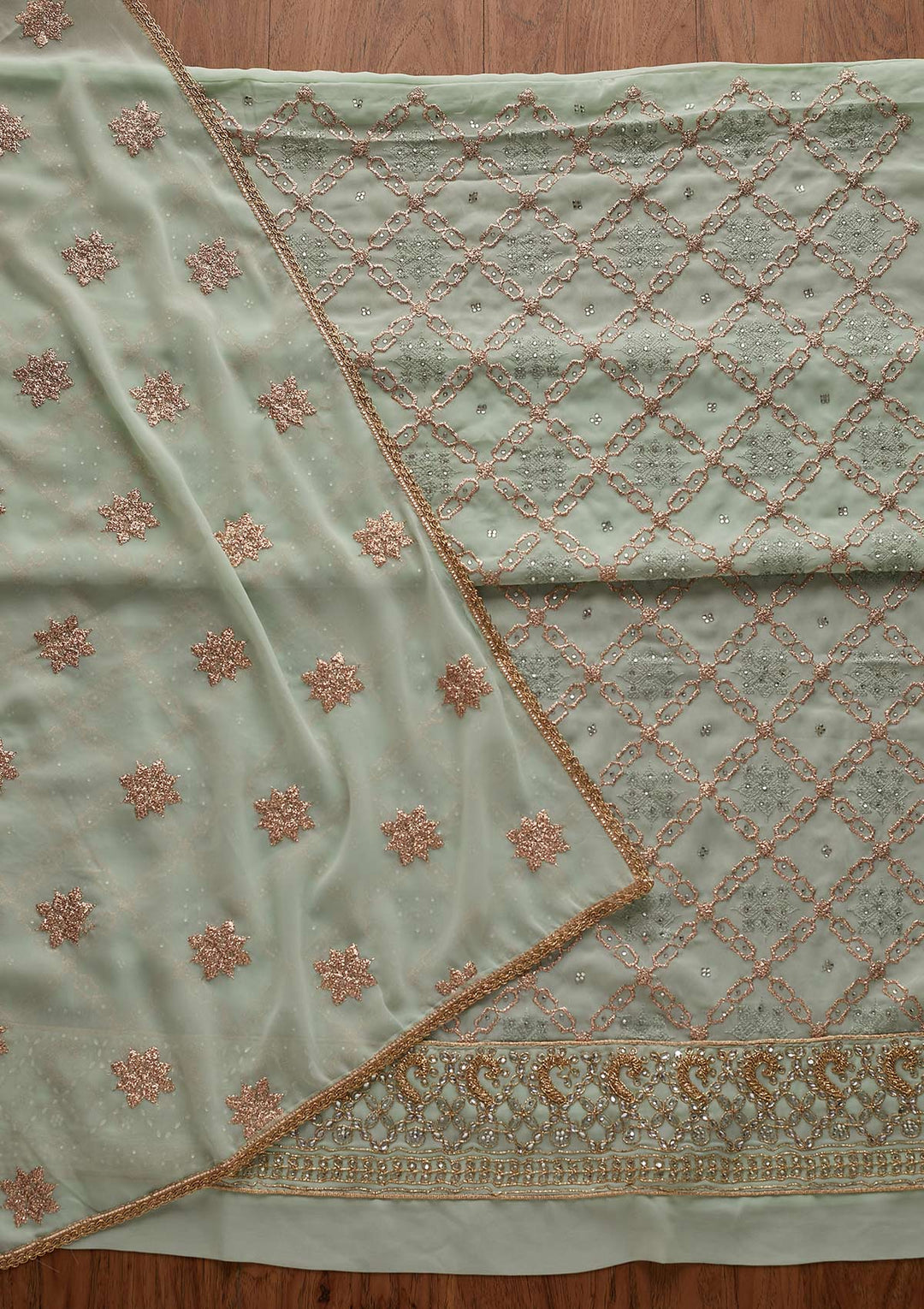 Pista Green Zariwork Georgette Designer Unstitched Salwar Suit - Koskii