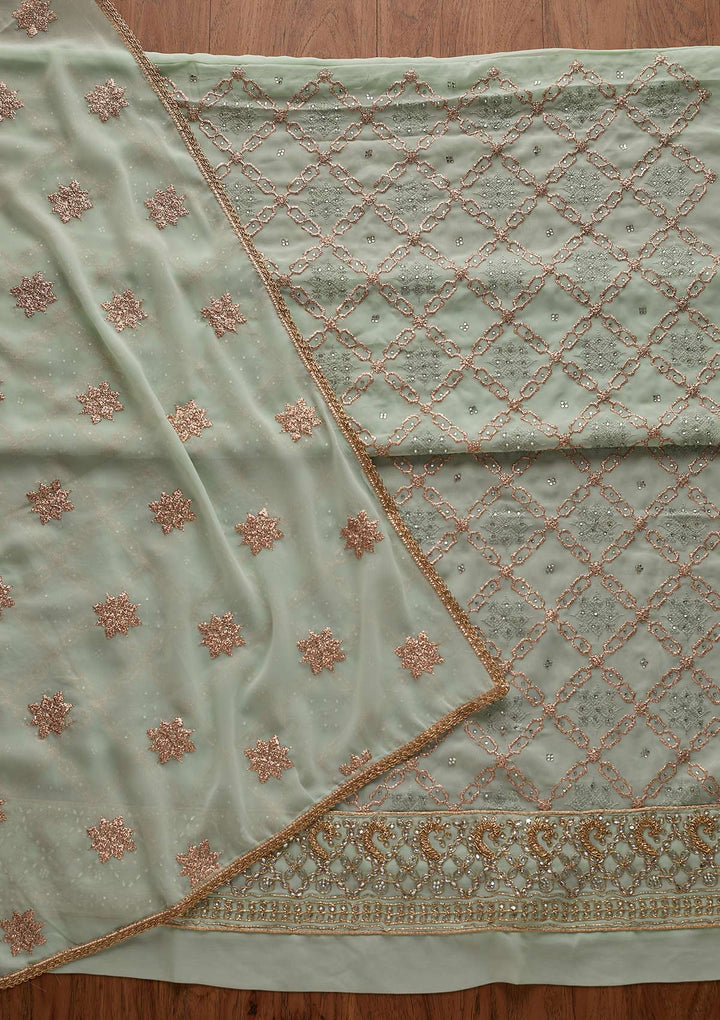 Pista Green Zariwork Georgette Designer Unstitched Salwar Suit - Koskii