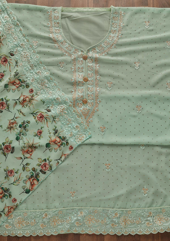 Pista Green Zariwork Georgette Unstitched Salwar Suit - Koskii